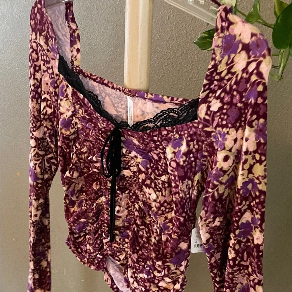 Free People Purple Floral Blouse with Black Lace